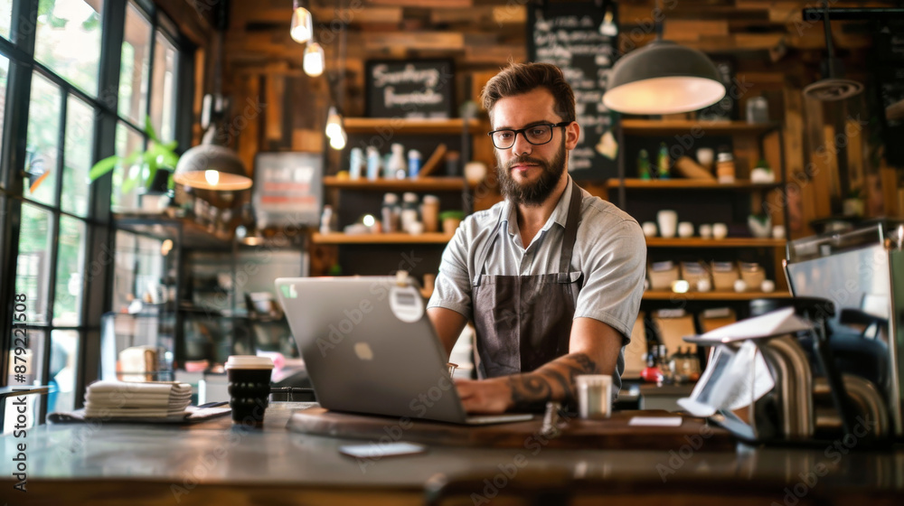 A man wearing a beard and apron is sitting at a desk with a laptop A man wearing a beard and apron is sitting at a desk with a laptop