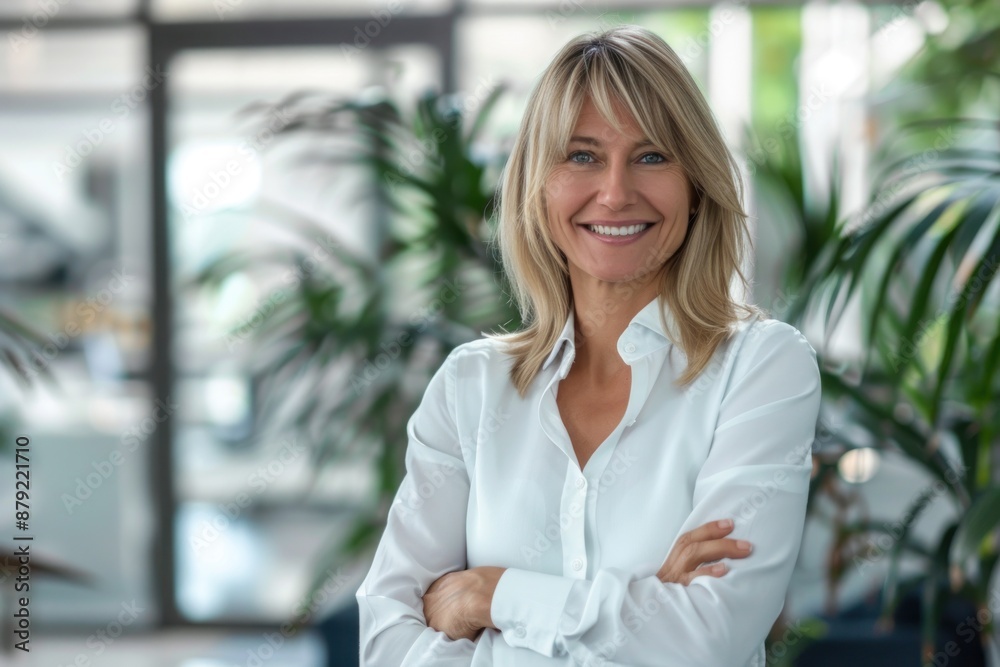 Fototapeta premium Happy cheerful old professional mid aged business man corporate leader, smiling positive mature female