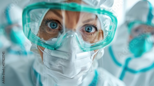 Several scientists wearing protective gear, goggles, and face masks work together in a sterile lab, focusing on collaborative research and safety protocols. Showcases teamwork in scientific research.