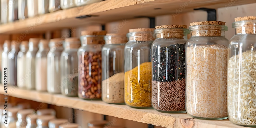 Sustainable Kitchen Pantry Organized with Bulk Foods in Glass Jars on Wooden Shelves. Concept Sustainable Living, Kitchen Organization, Bulk Foods, Glass Jars, Wooden Shelves