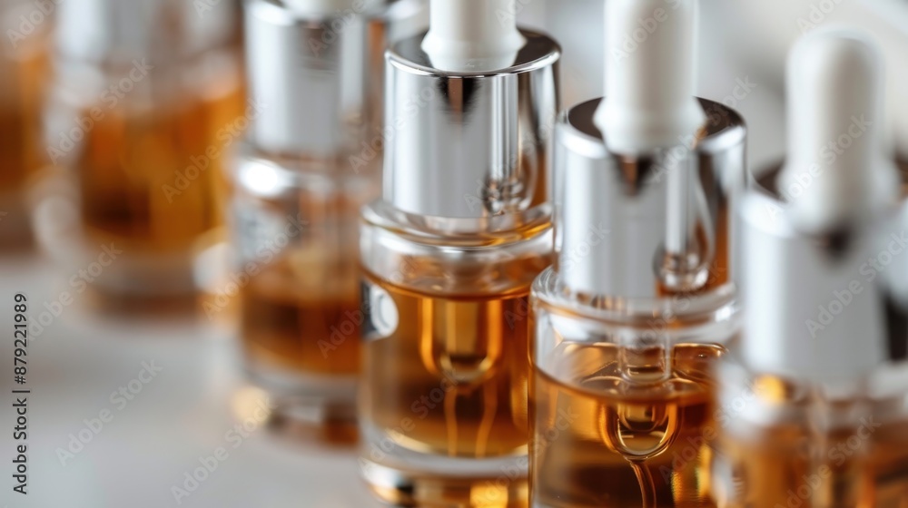 This close-up shot features multiple bottles filled with amber liquid, equipped with droppers, suggesting a focus on essential oils, perfumes, or scientific applications. This close-up shot features multiple bottles filled with amber liquid, equipped with droppers, suggesting a focus on essential oils, perfumes, or scientific applications.