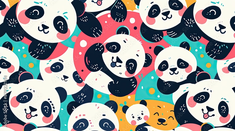 Obraz premium A anime-style image showcasing pandas in different happy moods. The flat vector design has each panda in a unique color.