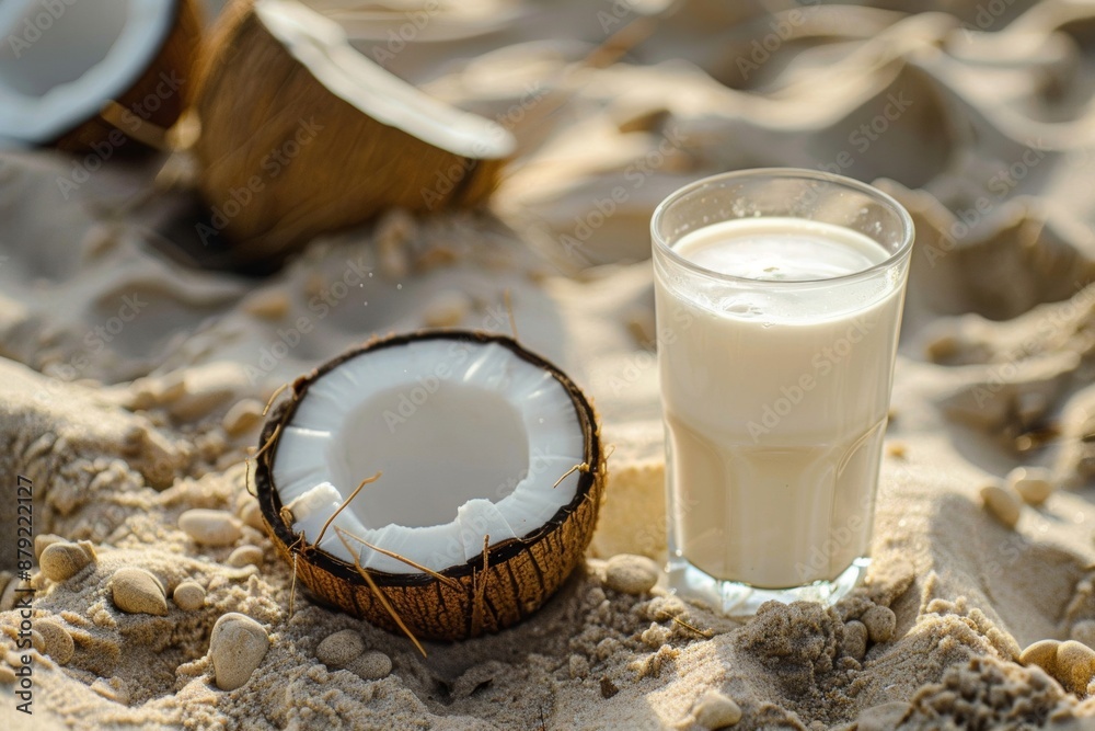 A refreshing summer coconut cocktail with coconut on the sand of a tropical beach. A refreshing summer coconut cocktail with coconut on the sand of a tropical beach.