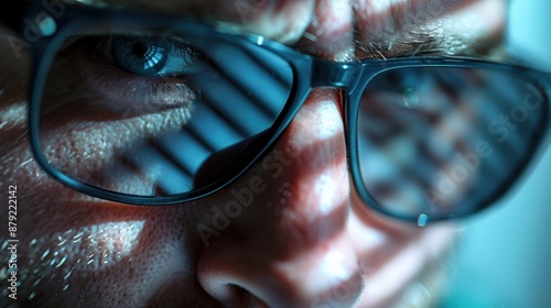 A close-up image of a man wearing reflective sunglasses, staring intently indoors. The blue light reflections on the glasses create a dramatic and mysterious atmosphere. © Jovana