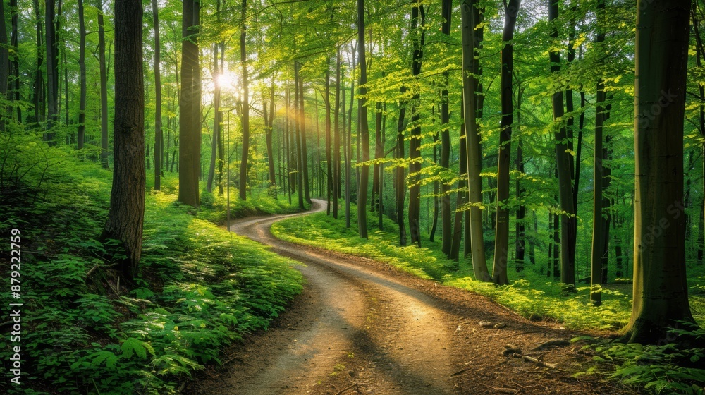 Fototapeta premium Green forest with tall trees, a winding path, sunlight filtering through the leaves