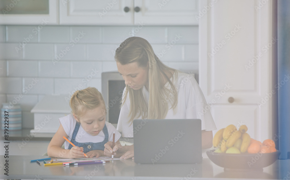 Family, kitchen and mother helping daughter with homework or study with remote work on counter. Tutor, education and girl student for distance learning, home school and creative support with parent Family, kitchen and mother helping daughter with homework or study with remote work on counter. Tutor, education and girl student for distance learning, home school and creative support with parent