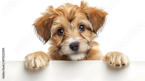 Puppy dog holding blank banner isolated on white background