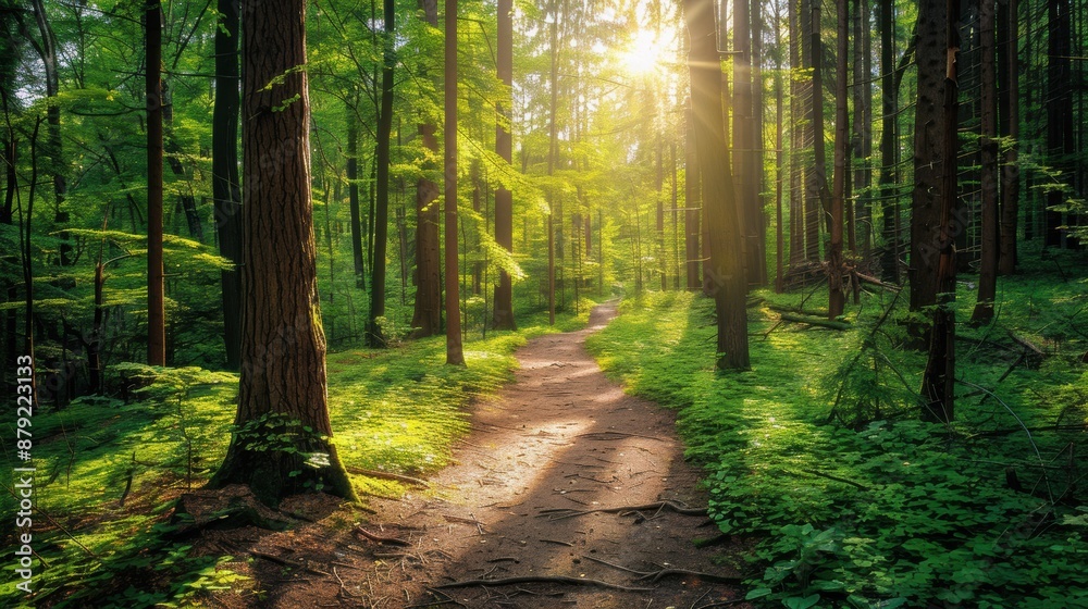Fototapeta premium Green forest with tall trees, a winding path, sunlight filtering through the leaves