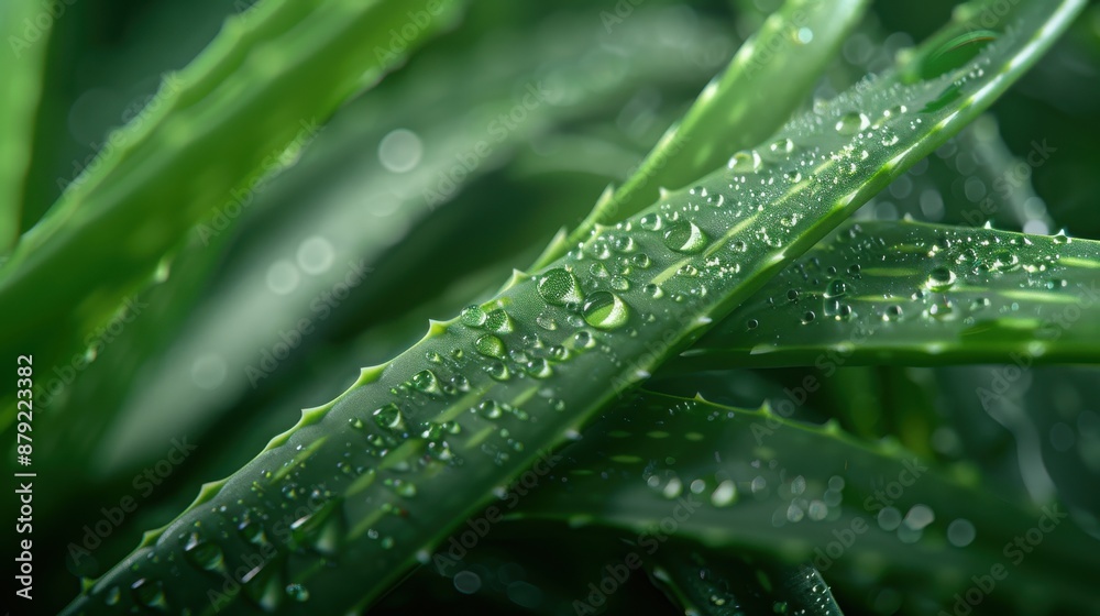 A detailed macro view of an aloe vera leaf, prominently displaying fresh water drops and its textured surface, creating a sense of natural purity and freshness. A detailed macro view of an aloe vera leaf, prominently displaying fresh water drops and its textured surface, creating a sense of natural purity and freshness.