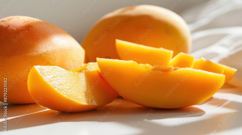 An aesthetically pleasing arrangement of slices along with whole mangoes placed on a clean white background, emphasizing the bright and juicy nature of the fruit. An aesthetically pleasing arrangement of slices along with whole mangoes placed on a clean white background, emphasizing the bright and juicy nature of the fruit.