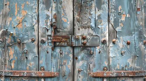 Weathered Wooden Doors with Peeling Paint and Rusted Metal Hinges 