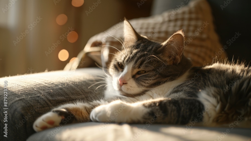 Portrait of a gray and white cat, lounging on a cozy sofa, warm living room with soft ambient lighting Portrait of a gray and white cat, lounging on a cozy sofa, warm living room with soft ambient lighting