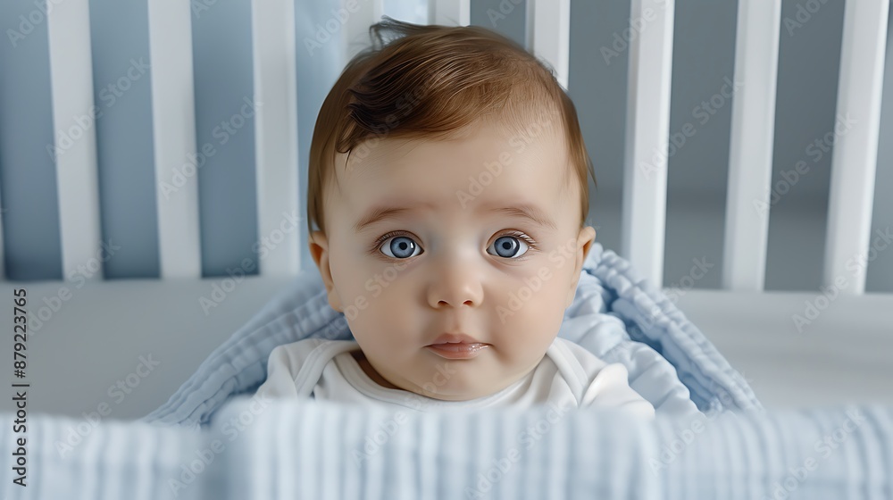 Baby lying in a crib with a worried expression, surrounded by soft blankets and a comforting environment. The image captures the tender moment with professional color and proportion design. copy