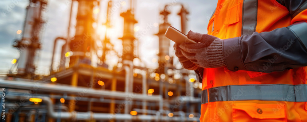 A worker in an orange safety vest is holding a cell phone. The scene is set in a large industrial area with many pipes and tanks. The worker appears to be focused on his phone A worker in an orange safety vest is holding a cell phone. The scene is set in a large industrial area with many pipes and tanks. The worker appears to be focused on his phone