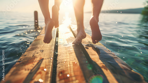 A close-up of a young couple's feet as they jump off the edge of a rustic wooden dock, with the clear, sunlit water below.