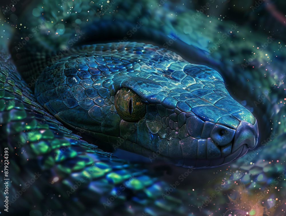 Fototapeta premium poster for the year of the snake 2025 according to the Chinese calendar. Huge snake close-up in the forest