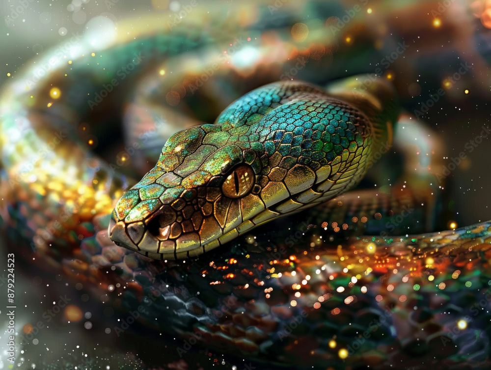 poster for the new year of the snake 2025 according to the Chinese calendar. A huge mystical snake close-up in space in glitter and glare magic poster for the new year of the snake 2025 according to the Chinese calendar. A huge mystical snake close-up in space in glitter and glare magic