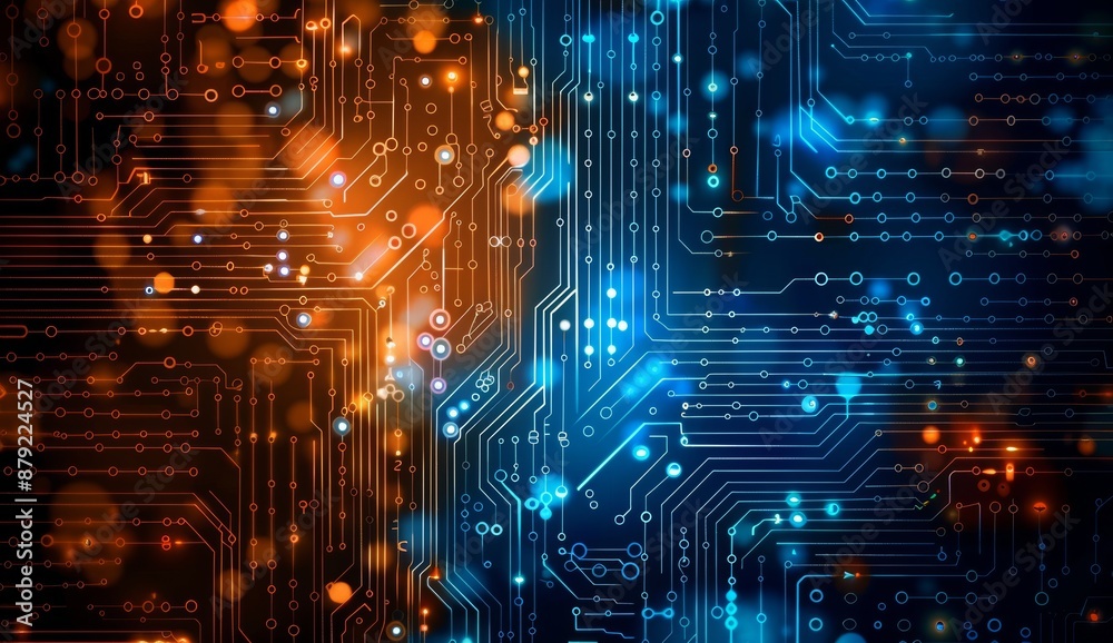 The circuit board and code have an orange and blue technology background The circuit board and code have an orange and blue technology background
