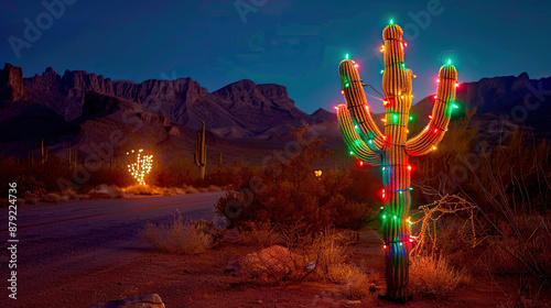 Cactus with Christmas Lights in the Desert at Night, with Mountains in the Background: Festive Desert Scene, Holiday Spirit in Nature photo