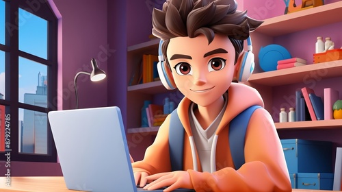 Cartoon student with novel flat design front view engaged theme 3D render tetradic color scheme photo