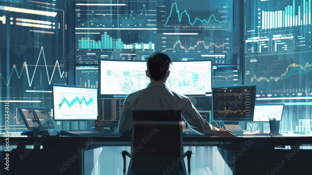 A man is sitting in front of a computer monitor with several screens A man is sitting in front of a computer monitor with several screens
