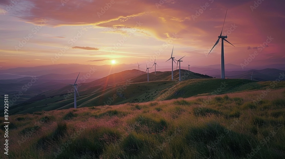 Wind turbines on a grassy hill during sunset, the sky painted in shades of orange and pink