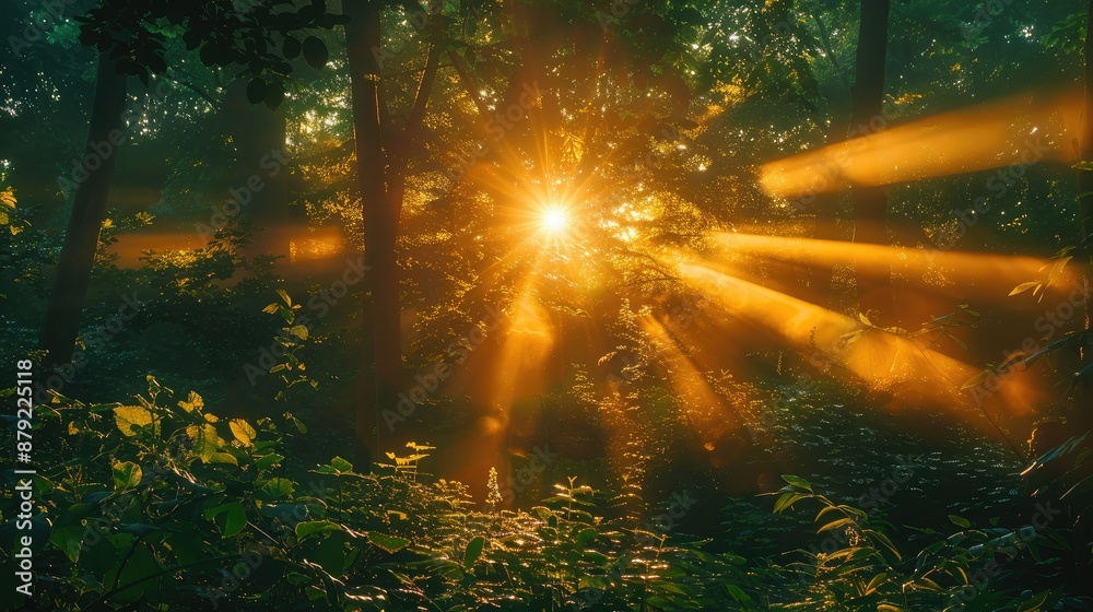 Fototapeta premium Golden hour sunlight streaming through forest