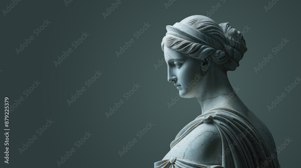 sculpture de femme en marbre, vue de profil, sur un fond vert foncé pour représenter le savoir et la connaissance sculpture de femme en marbre, vue de profil, sur un fond vert foncé pour représenter le savoir et la connaissance