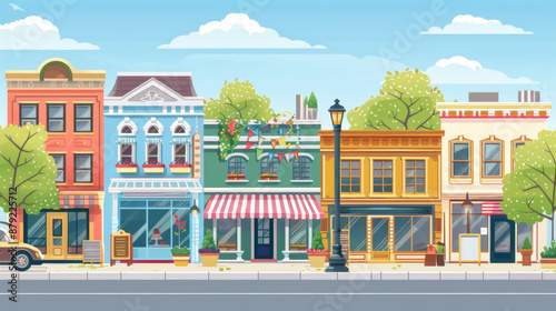 A street scene with a row of colorful buildings and a car parked on the sidewalk
