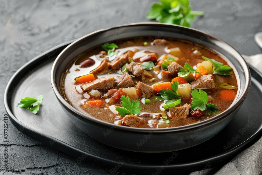 black bowl of beef curry with beef cubes pieces, tomato, carrot pieces and potato pieces in soup, on dark background black bowl of beef curry with beef cubes pieces, tomato, carrot pieces and potato pieces in soup, on dark background
