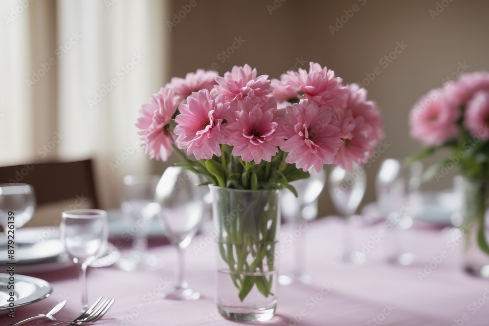 A vibrant bouquet of pink spring flowers in a glass vase adds a touch of fresh beauty to any table decoration A vibrant bouquet of pink spring flowers in a glass vase adds a touch of fresh beauty to any table decoration