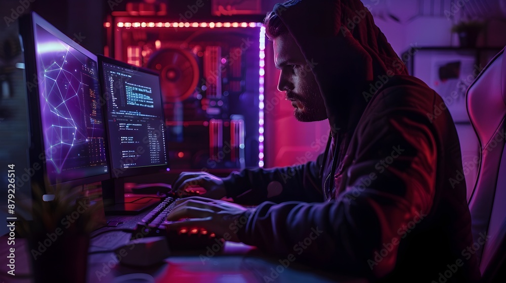 Shadowy Hacker Executing Complex Phishing Attack on Neon-Lit Futuristic Desktop