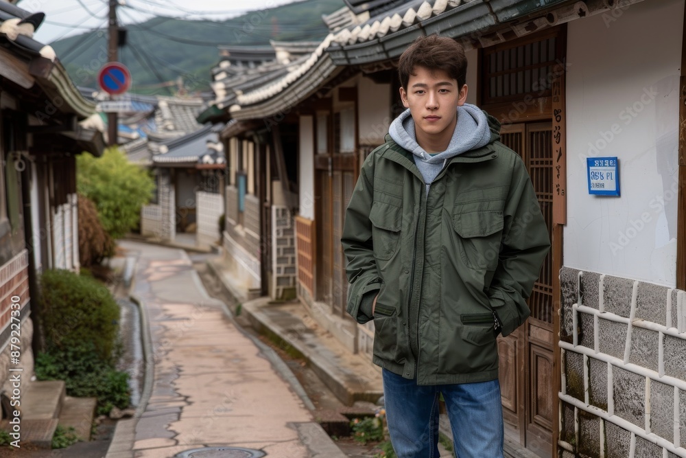 A Young Man Strolling Through the Charming Alleyways of a Traditional Korean Village
