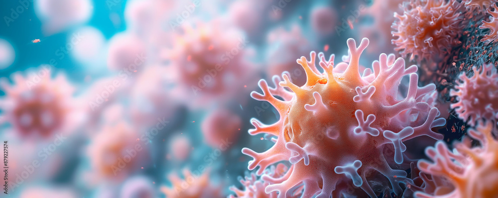 Microscopic View of Virus Particles, Macro Close Up. Biology, Science, Medicine. Bacteria Infection, Contagious Disease, Active Pathogen, Dirt. Sanitising Cleaner, Washing Detergent, Immune System