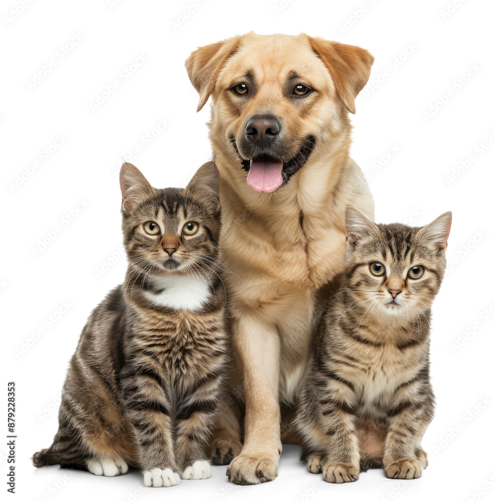 Happy Dog and Two Tabby Cats on Transparent Background Happy Dog and Two Tabby Cats on Transparent Background