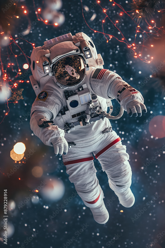 Fototapeta premium Astronaut wearing space suit floating in space with christmas lights