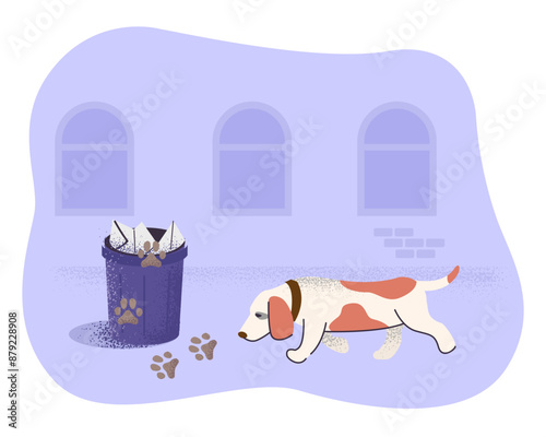 Dog following the trail to trash can