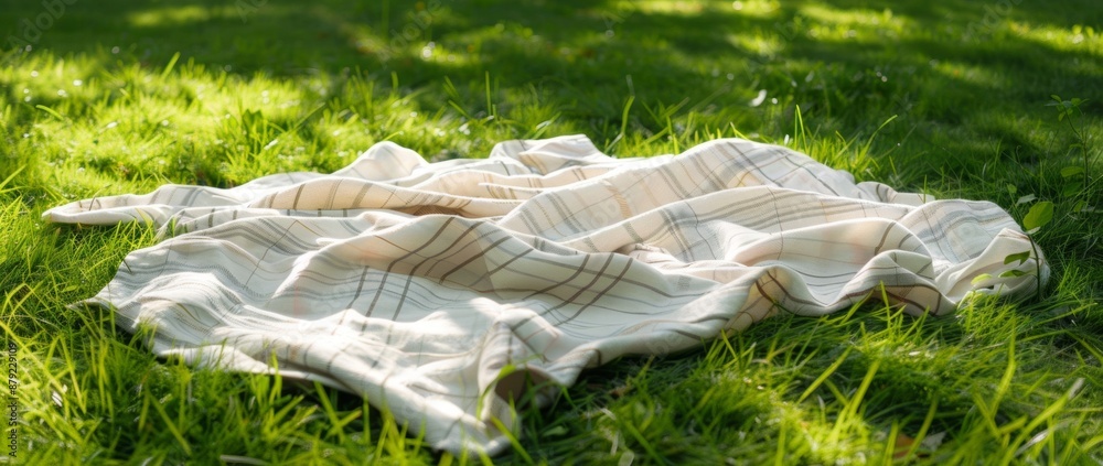 A picnic tablecloth is spread out on the lawn in an outdoor garden on a sunny summer day. A picnic tablecloth is spread out on the lawn in an outdoor garden on a sunny summer day.