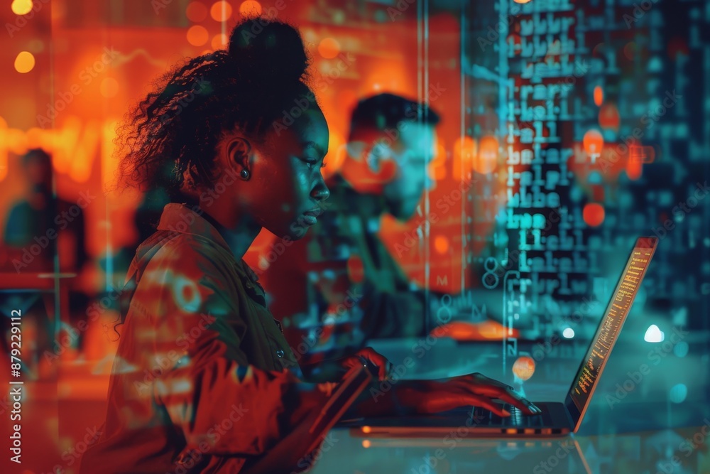 An image of a laptop with a code hologram and a woman thinking about data analytics at night and thinking about IT overlays or software overlays. An image for computer and IT professionals who work