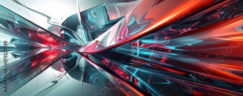 Abstract background with reflective chrome and glass surfaces in red, blue, and white. Perfect for tech, futuristic, and modern design projects.