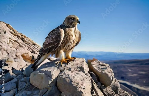 Wildlife Landscapes Animation. Powerful Rough-Legged Hawk Perched on Rocky Outcrop.Panoramic View of Valley, Clear Blue Sky.Witness the Power and Majesty of the Rough-Legged Hawk in This Dynamic Video photo