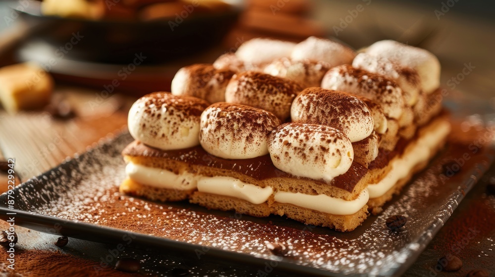 A creamy tiramisu dessert, layered with mascarpone cheese A creamy tiramisu dessert, layered with mascarpone cheese