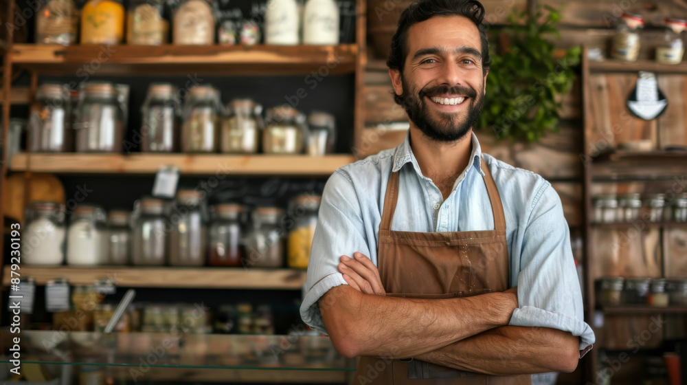 Fototapeta premium A man with a big smile is standing in front of a store with apron on