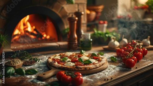 A rustic Italian kitchen with a wood-fired oven, baking a perfectly crispy margherita pizza with melted mozzarella