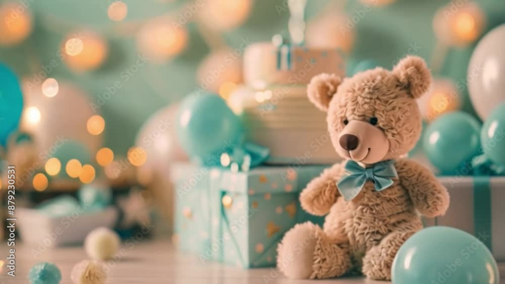 A plush teddy bear sits in front of a table adorned with gifts and balloons, celebrating a baby shower. A plush teddy bear sits in front of a table adorned with gifts and balloons, celebrating a baby shower.