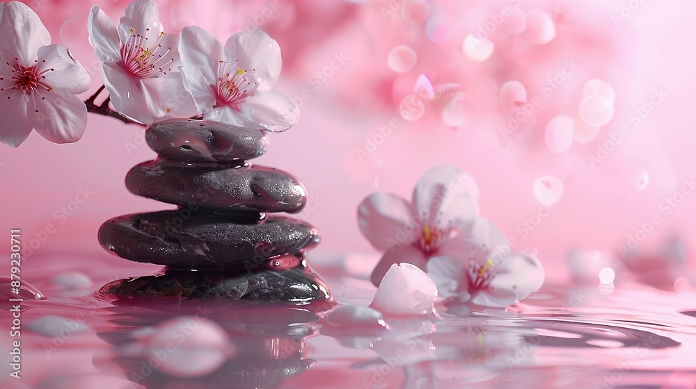 Zen stones, water, and Japanese cherry blossoms on a pink background with copy space. Wellness and harmony, massage and body care, spa and wellness concept. Zen stones, water, and Japanese cherry blossoms on a pink background with copy space. Wellness and harmony, massage and body care, spa and wellness concept.
