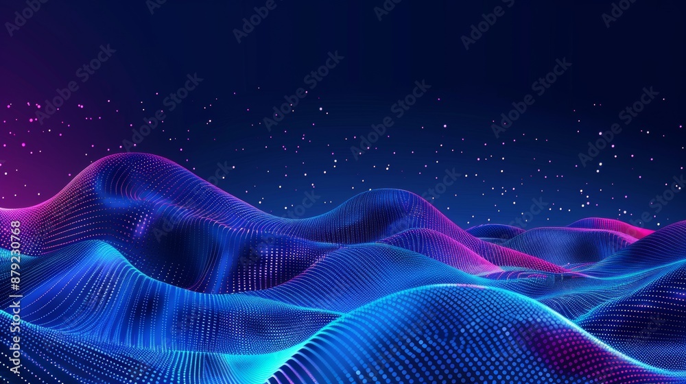 An illustration of big data flow in cyberspace. Blockchain data fields. Network line connect stream. AI technology, digital communication, science research, 3D illustration of music waves in An illustration of big data flow in cyberspace. Blockchain data fields. Network line connect stream. AI technology, digital communication, science research, 3D illustration of music waves in