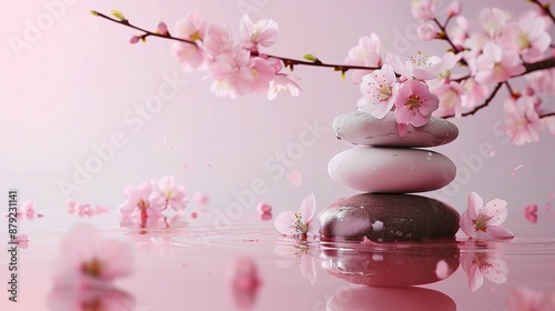 Zen stones, water, and Japanese cherry blossoms on a pink background with copy space. Wellness and harmony, massage and body care, spa and wellness concept.