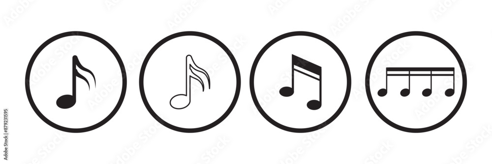 Music notes icon set , Music note symbol, song, melody or tune flat vector icon, Black musical note. Music elements. Isolated music notes symbols on transparent background. Simple musical notes sign. Music notes icon set , Music note symbol, song, melody or tune flat vector icon, Black musical note. Music elements. Isolated music notes symbols on transparent background. Simple musical notes sign.