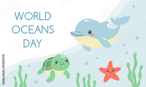 World oceans day template with cute ocean animals. Template for postcard, poster, banner. Vector illustration